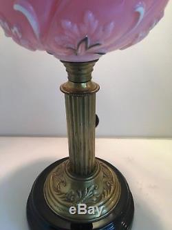 Victorian opaque pink glass and brass oil lamp