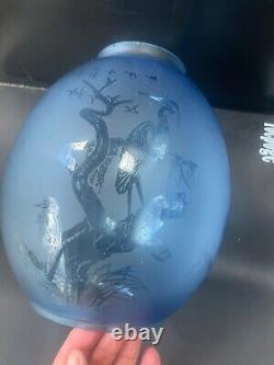 Victorian swedish blue oil lamp shade pendant acid etched herons
