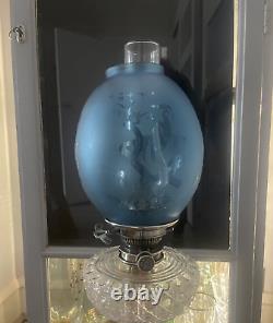 Victorian swedish blue oil lamp shade pendant acid etched herons