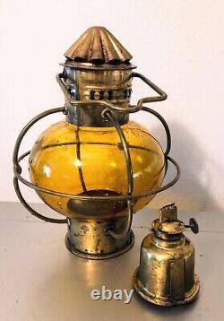 Vintage 1900's Sherwood Brass Onion Ship Oil Lamp Amber Glass Nice