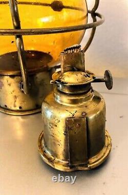 Vintage 1900's Sherwood Brass Onion Ship Oil Lamp Amber Glass Nice