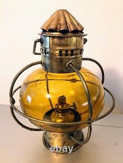 Vintage 1900's Sherwood Brass Onion Ship Oil Lamp Amber Glass Nice