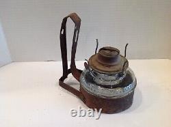 Vintage 1920's Metal Wall Mount Miner Oil Lamp Holder & Glass Oil Lamp Base