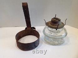 Vintage 1920's Metal Wall Mount Miner Oil Lamp Holder & Glass Oil Lamp Base