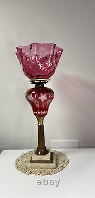 Vintage ANTIQUE BOSTON SANDWICH GLASS Oil KEROSENE Cranberry Red LAMP