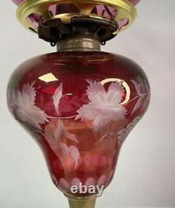 Vintage ANTIQUE BOSTON SANDWICH GLASS Oil KEROSENE Cranberry Red LAMP