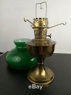 Vintage Aladdin Brass Oil Paraffin Table Lamp Glass Chimney with Green Shade