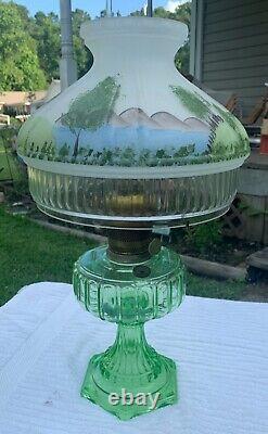 Vintage Aladdin Depression Green Corinthian Oil Lamp With Chimney & Shade