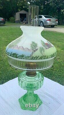 Vintage Aladdin Depression Green Corinthian Oil Lamp With Chimney & Shade