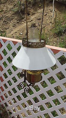 Vintage Aladdin Style Brass Lamp with Milk Shade Kerosene Oil Hanging Electric