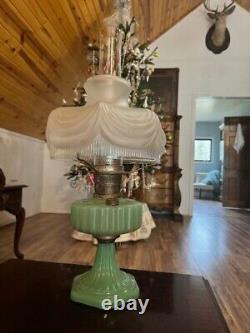 Vintage Alladin Jadeite Corinthian Oil Lamp With Satin Drape Shade-COMPLETE