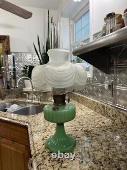 Vintage Alladin Jadeite Corinthian Oil Lamp With Satin Drape Shade-COMPLETE