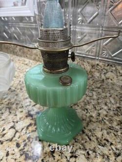 Vintage Alladin Jadeite Corinthian Oil Lamp With Satin Drape Shade-COMPLETE