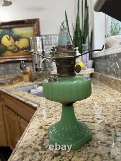 Vintage Alladin Jadeite Corinthian Oil Lamp With Satin Drape Shade-COMPLETE