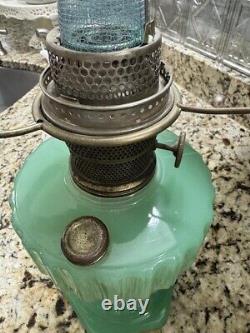 Vintage Alladin Jadeite Corinthian Oil Lamp With Satin Drape Shade-COMPLETE