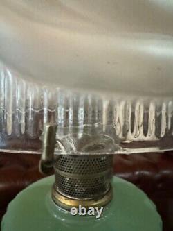 Vintage Alladin Jadeite Corinthian Oil Lamp With Satin Drape Shade-COMPLETE