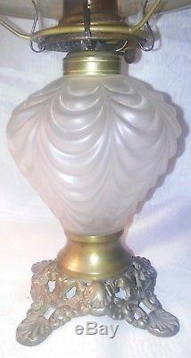 Vintage Antique 19th C. Frosted Satin Glass Lincoln Drape Oil Kerosene Lamp LOOK