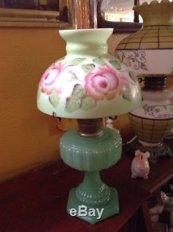 Vintage Antique Aladdin Cathedral Green Moonstone Jadeite Glass Oil Lamp & Shade