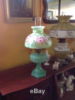 Vintage Antique Aladdin Cathedral Green Moonstone Jadeite Glass Oil Lamp & Shade