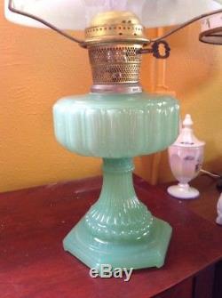 Vintage Antique Aladdin Cathedral Green Moonstone Jadeite Glass Oil Lamp & Shade