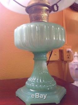 Vintage Antique Aladdin Cathedral Green Moonstone Jadeite Glass Oil Lamp & Shade
