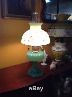 Vintage Antique Aladdin Cathedral Green Moonstone Jadeite Glass Oil Lamp & Shade