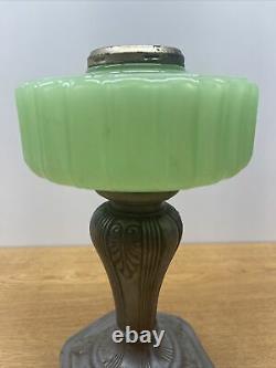 Vintage Antique Aladdin Oil Lamp Metal Base Green Jadeite Glass Font