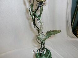 Vintage Antique Asian Electrified Oil Lamp Lchialli Marked-bronze With Stork