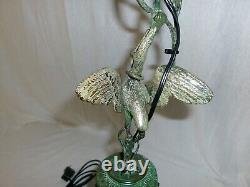 Vintage Antique Asian Electrified Oil Lamp Lchialli Marked-bronze With Stork