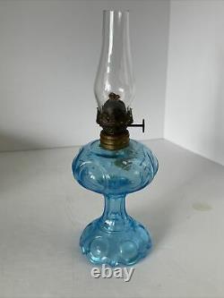 Vintage Antique Blue Glass Bullseye Daisy Miniature Oil Kerosene Hurricane Lamp