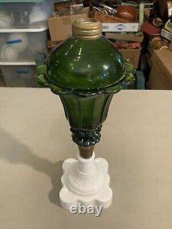 Vintage Antique Boston Sandwich Green Tulip Oil Lamp Milk Glass Base