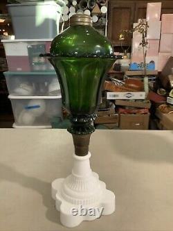 Vintage Antique Boston Sandwich Green Tulip Oil Lamp Milk Glass Base
