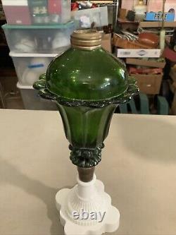 Vintage Antique Boston Sandwich Green Tulip Oil Lamp Milk Glass Base