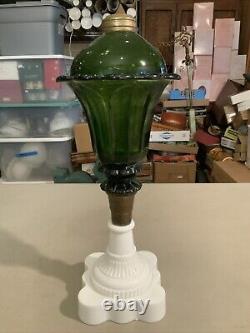 Vintage Antique Boston Sandwich Green Tulip Oil Lamp Milk Glass Base