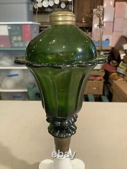 Vintage Antique Boston Sandwich Green Tulip Oil Lamp Milk Glass Base