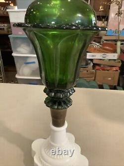Vintage Antique Boston Sandwich Green Tulip Oil Lamp Milk Glass Base
