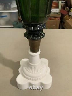 Vintage Antique Boston Sandwich Green Tulip Oil Lamp Milk Glass Base