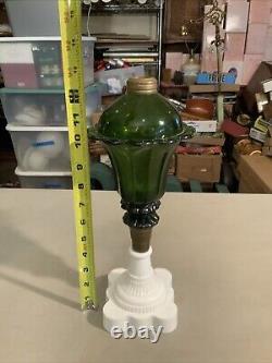 Vintage Antique Boston Sandwich Green Tulip Oil Lamp Milk Glass Base