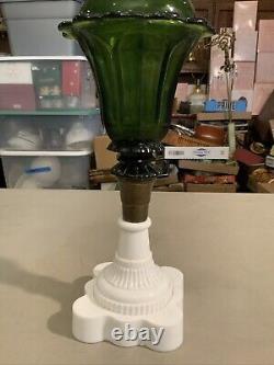 Vintage Antique Boston Sandwich Green Tulip Oil Lamp Milk Glass Base