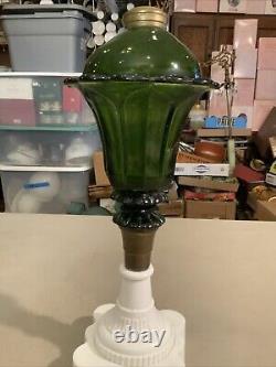 Vintage Antique Boston Sandwich Green Tulip Oil Lamp Milk Glass Base