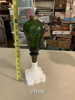 Vintage Antique Boston Sandwich Green Tulip Oil Lamp Milk Glass Base