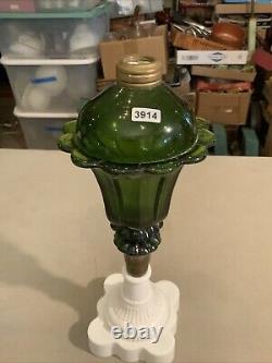 Vintage Antique Boston Sandwich Green Tulip Oil Lamp Milk Glass Base