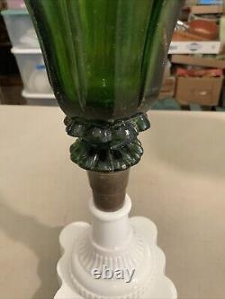 Vintage Antique Boston Sandwich Green Tulip Oil Lamp Milk Glass Base
