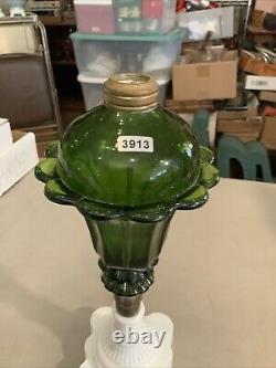 Vintage Antique Boston Sandwich Green Tulip Oil Lamp Milk Glass Base