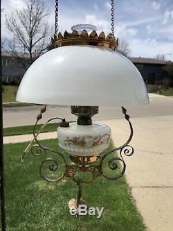 Vintage Antique Bradley & Hubbard B&h Hanging Lamp Glass Font 004