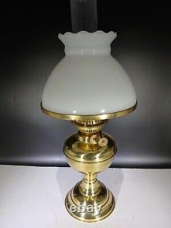 Vintage Antique Brass Oil Lamp & White Milk Glass Oil Lamp Shade Dual wicks
