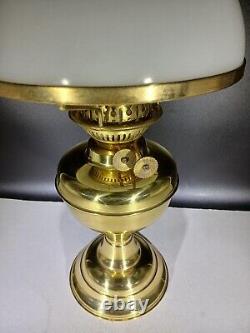 Vintage Antique Brass Oil Lamp & White Milk Glass Oil Lamp Shade Dual wicks