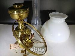 Vintage Antique Brass Oil Lamp & White Milk Glass Oil Lamp Shade Dual wicks