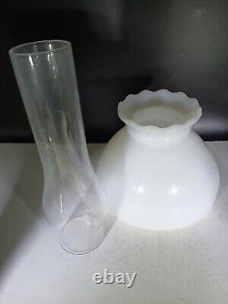 Vintage Antique Brass Oil Lamp & White Milk Glass Oil Lamp Shade Dual wicks
