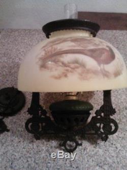 Vintage Antique Cast Iron Hanging Oil Lamp withPheasant Shade NO RESERVE
